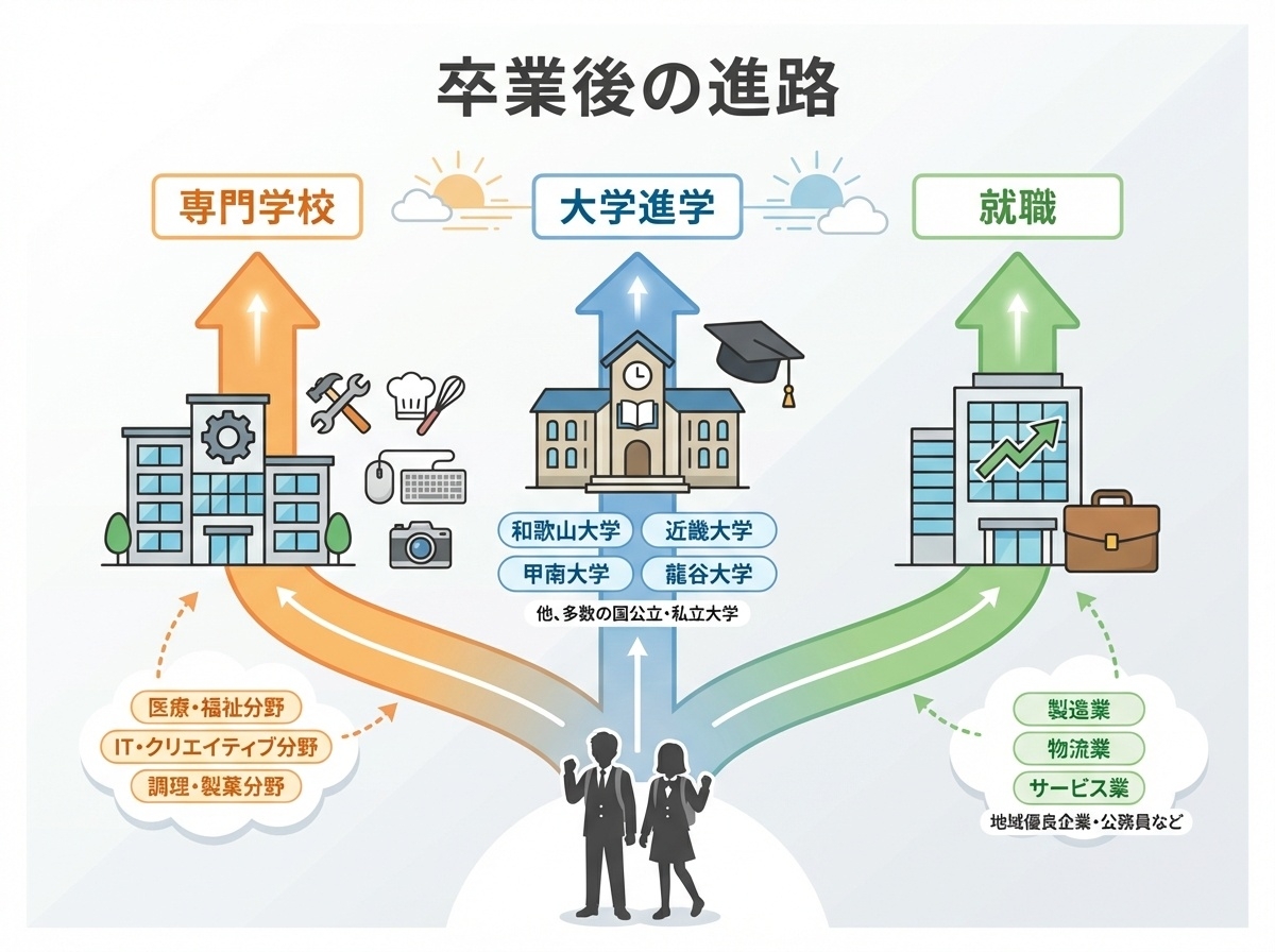 卒業後の進路3つの選択肢を示すインフォグラフィック：大学進学（国公立・私立大学）、専門学校進学、就職（製造業・物流業・サービス業）