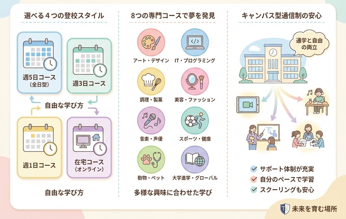 3セクション構成版通学スタイル4種類、専門コース8種類、登校型通信制の3要素を明確に配置