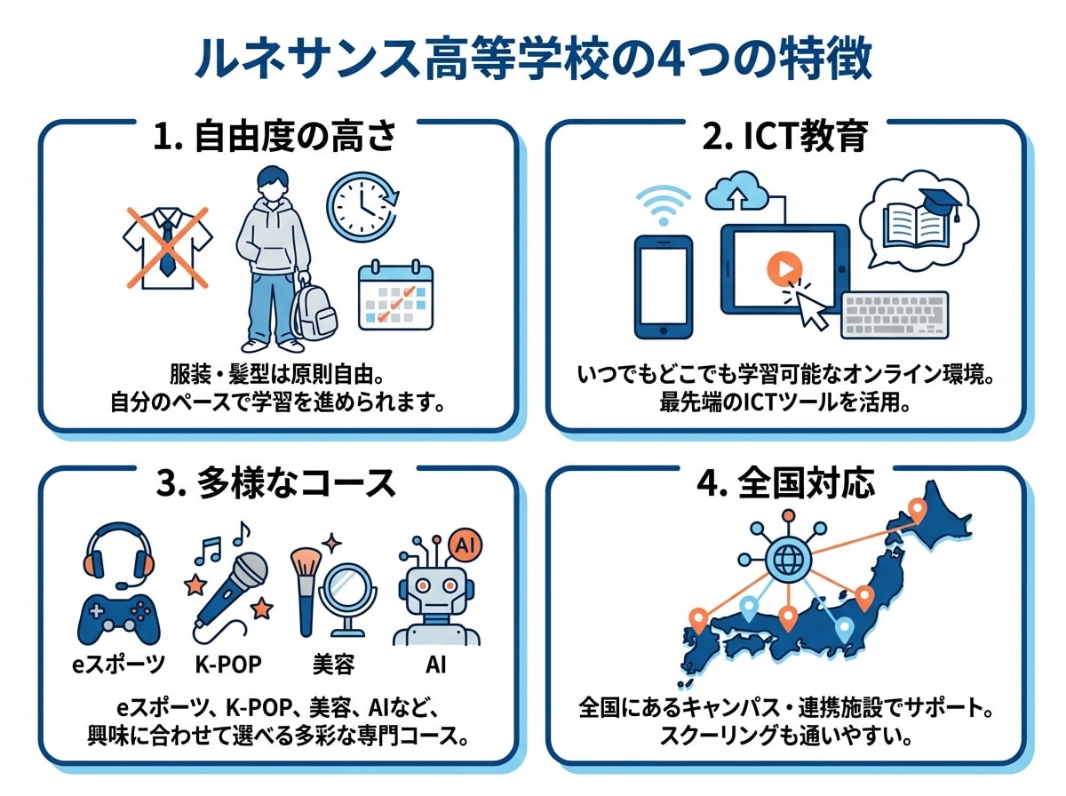 ルネサンス高等学校の4つの主な特徴を示すインフォグラフィック:自由度の高さ、ICT教育、多様なコース、全国対応