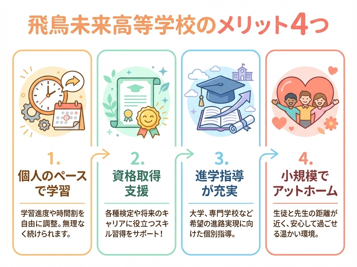 飛鳥未来高等学校に通う4つのメリット。個人のペースで学習、資格取得支援、進学指導の充実、小規模でアットホームな雰囲気