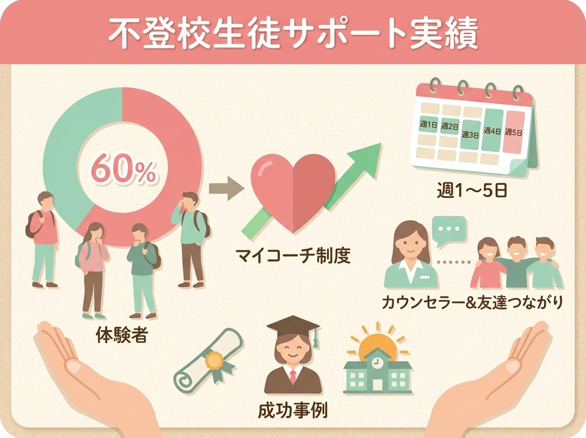 おおぞら高等学院の不登校生徒サポート実績を示すインフォグラフィック。在籍生徒の約60%が不登校経験者でマイコーチ制度や週1〜5日の柔軟な通学が可能