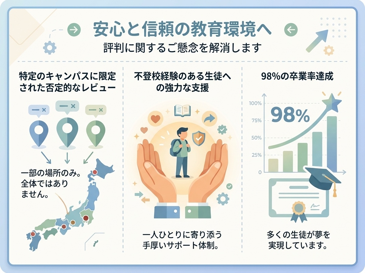  否定的口コミは一部限定、不登校支援充実、98%卒業率の実績