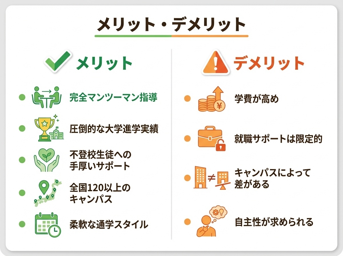 トライ式高等学院のメリット・デメリット比較インフォグラフィック：メリットは完全マンツーマン指導・圧倒的な大学進学実績・不登校生徒への手厚いサポート・全国120以上のキャンパス・柔軟な通学スタイル。デメリットは学費が高め・就職サポートは限定的・キャンパスによって差がある・自主性が求められる