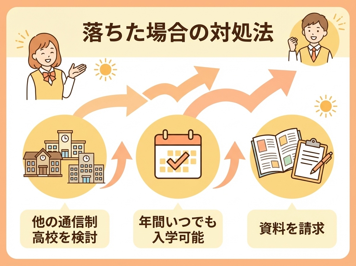 第一学院高等学校に不合格だった場合の3つの対処法(他校検討・年間入学可能・資料請求)を示すインフォグラフィック