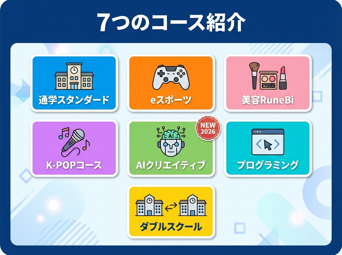 ルネサンス高等学校の7つのオプションコース紹介:通学スタンダード、eスポーツ、美容RuneBi、K-POP、AIクリエイティブ(2026年新設)、プログラミング、ダブルスクール