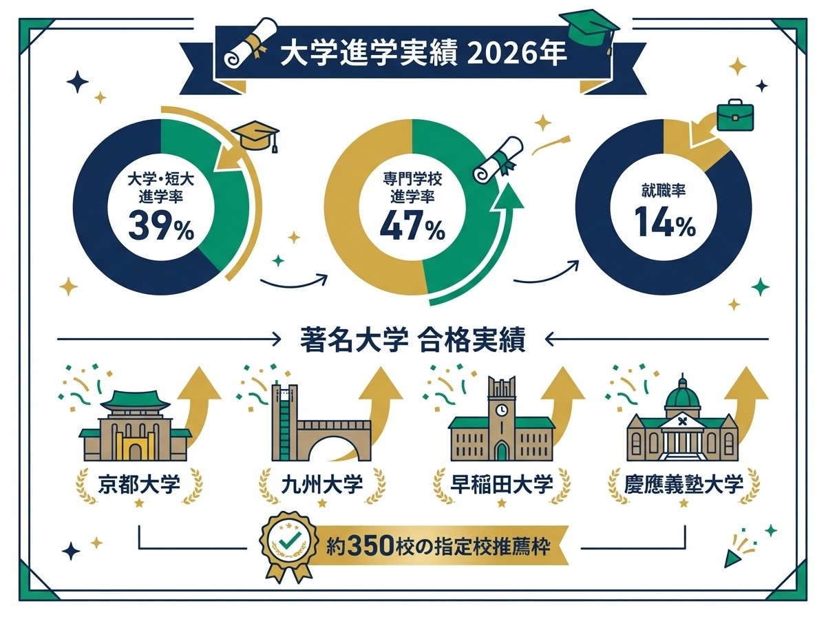 altタグ(コピペ用):
おおぞら高等学院の2026年大学進学実績を図解。大学・短大進学率39%、専門学校進学率47%、就職率14%。京都大学・早稲田大学・慶應義塾大学など有名大学への合格実績と約350校の指定校推薦枠