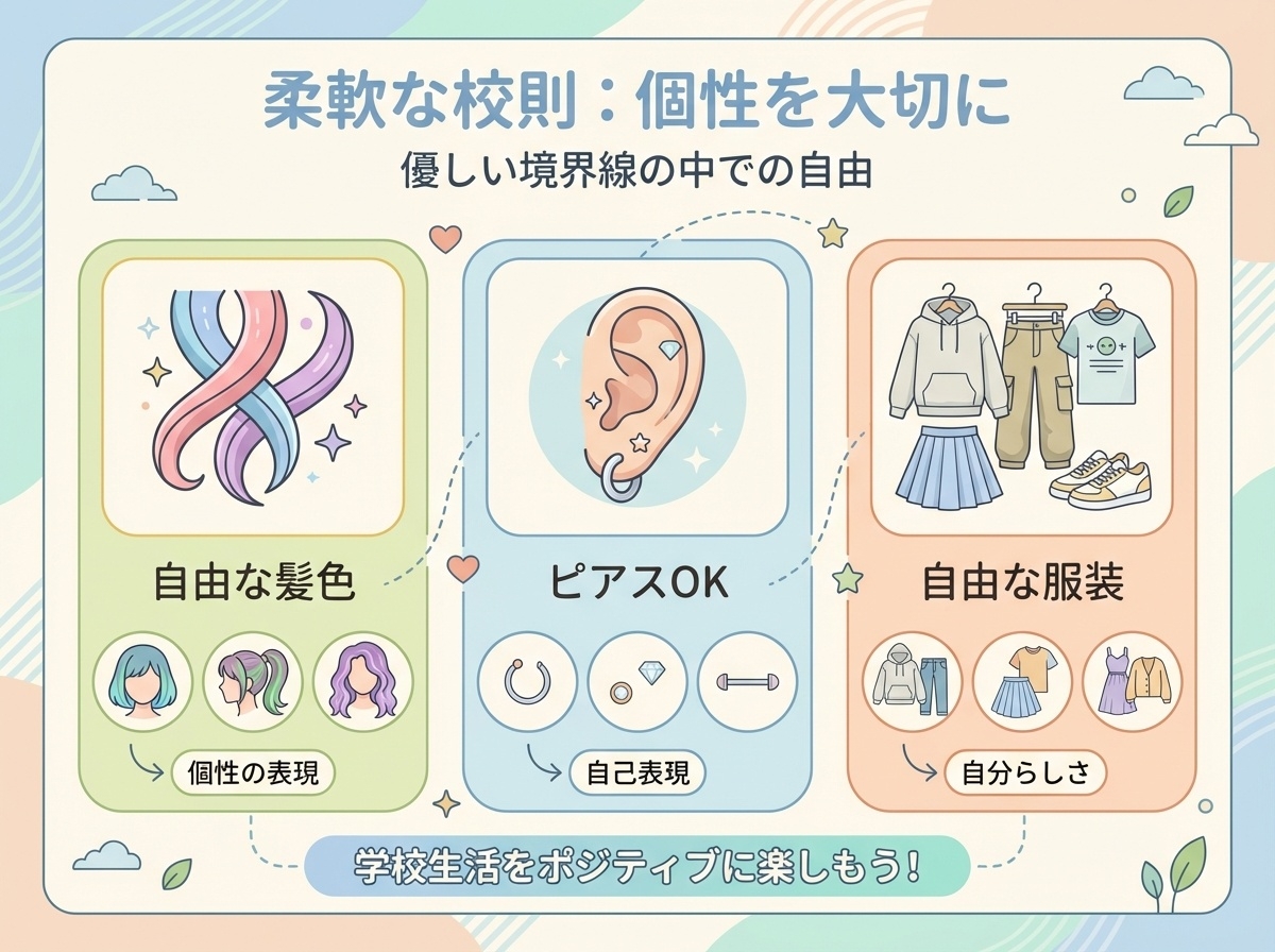 髪色自由、ピアス可、服装自由