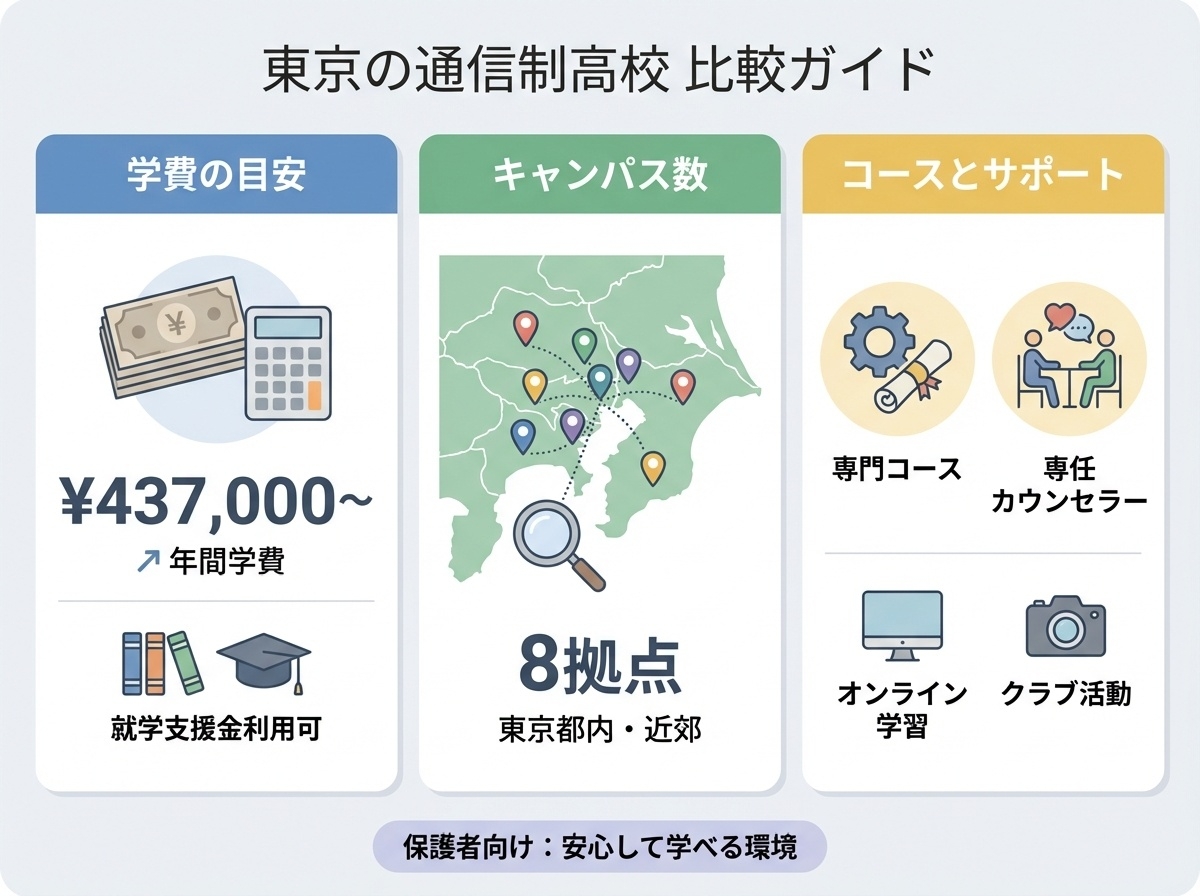 首都圏通信制高校との比較 / 年間学費437,000円〜、首都圏8キャンパス、専門と常駐カウンセラー
