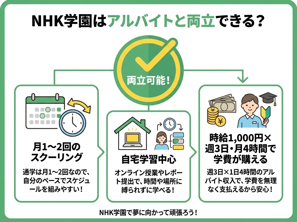 NHK学園高等学校でアルバイトと両立できる3つの理由インフォグラフィック（月1～2回のスクーリング・自宅学習中心・時給1000円×週3日で学費が賄える）