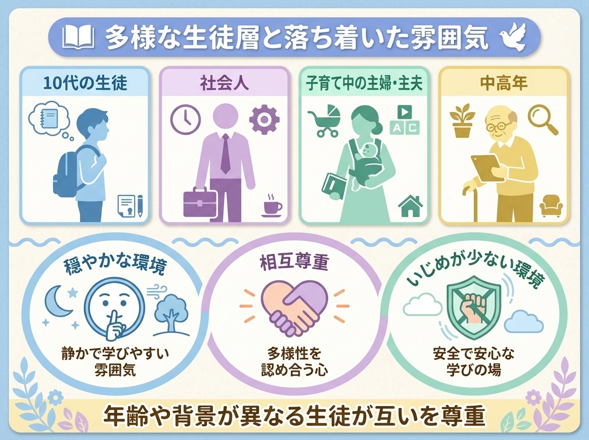 多様な生徒層と落ち着いた雰囲気を示すインフォグラフィック：10代から中高年まで年齢や背景が異なる生徒が互いを尊重