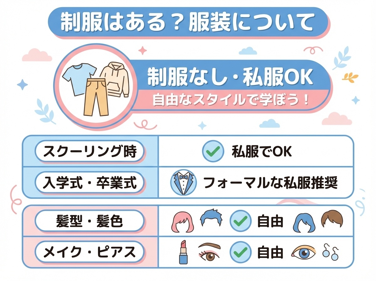NHK学園高等学校の服装規定インフォグラフィック（制服なし私服OK・スクーリング時私服可・入学式卒業式フォーマル推奨・髪型髪色自由・メイクピアス自由）