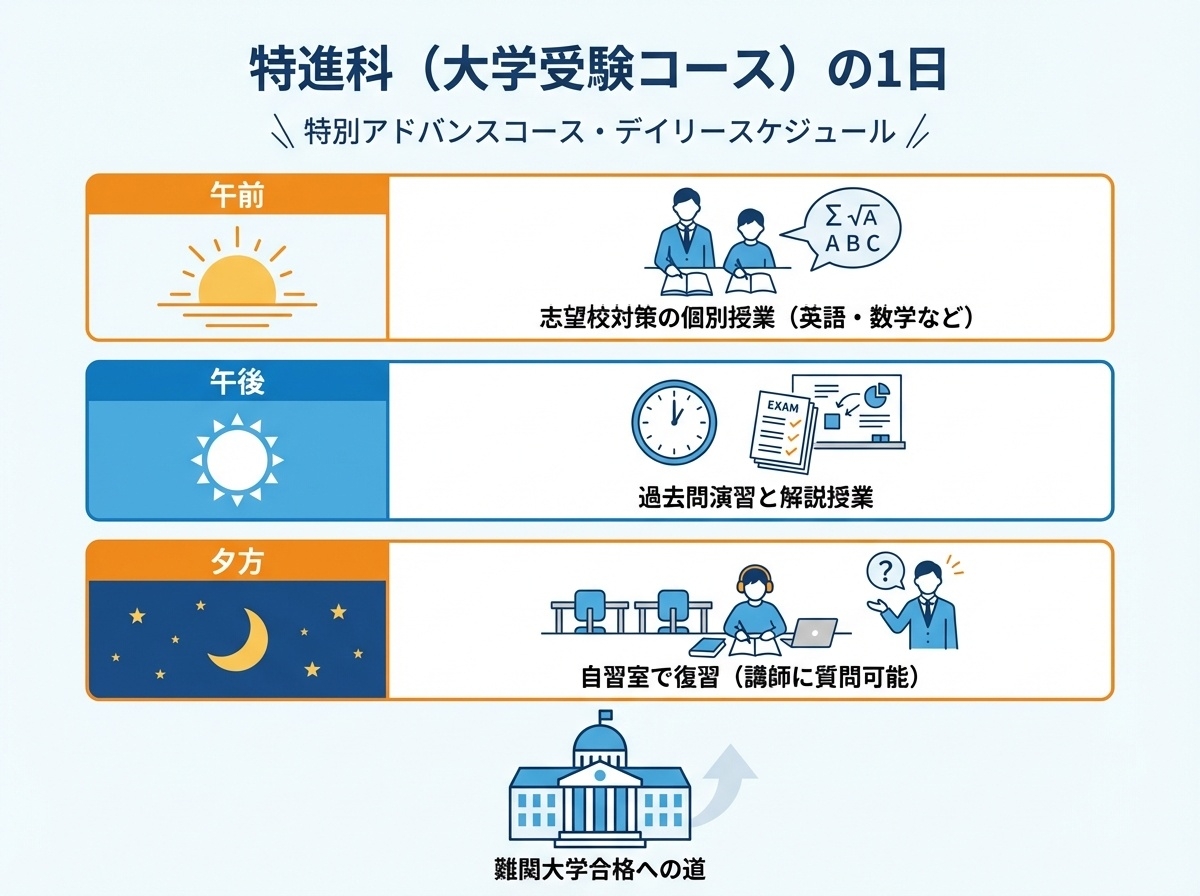 特進科（大学受験コース）の1日の流れインフォグラフィック：午前は志望校対策の個別授業（英語・数学など）、午後は過去問演習と解説授業、夕方は自習室で復習（講師に質問可能）
