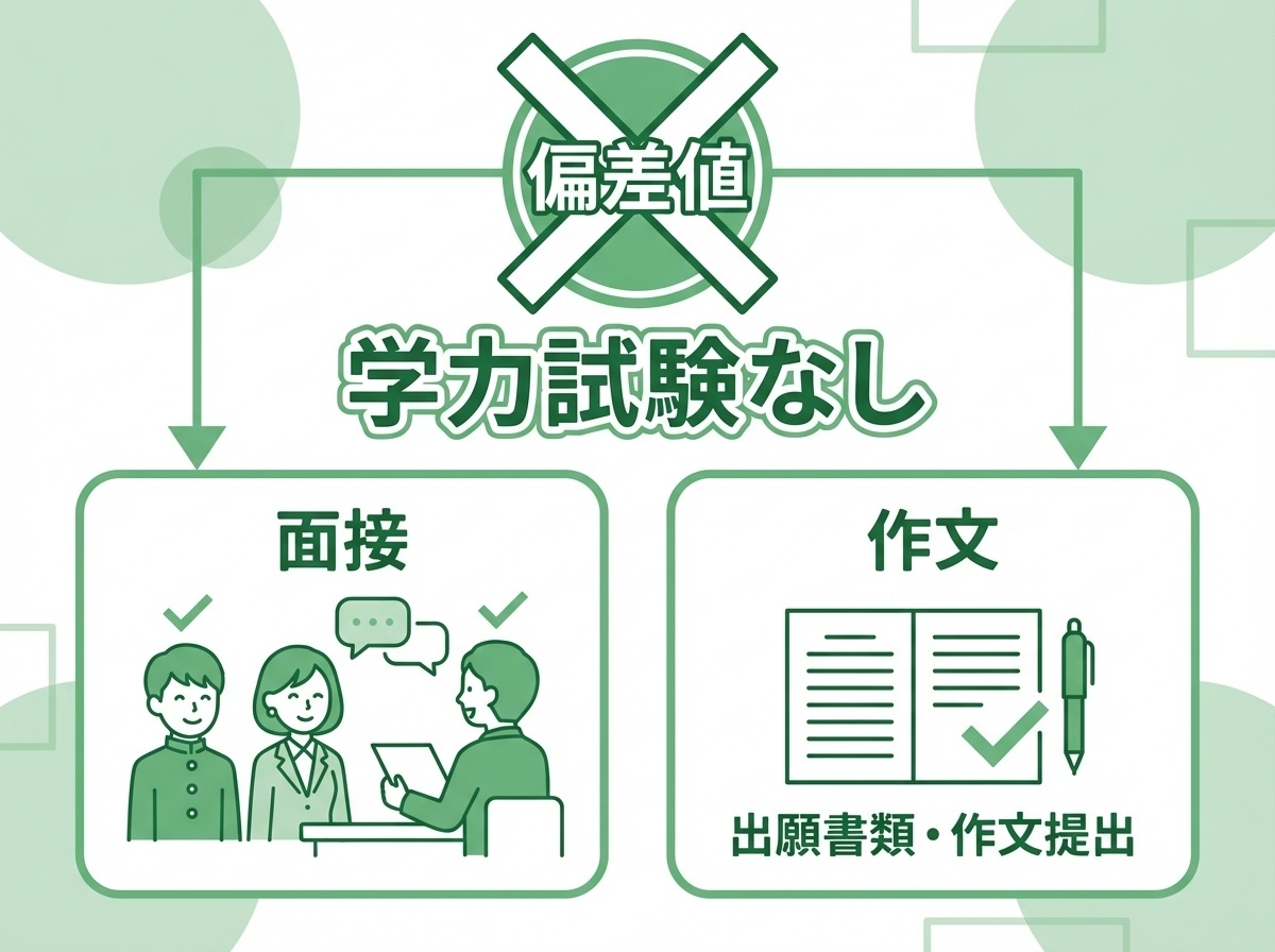 第一学院高等学校は偏差値なし、面接と作文のみの入試方法を説明するインフォグラフィック
