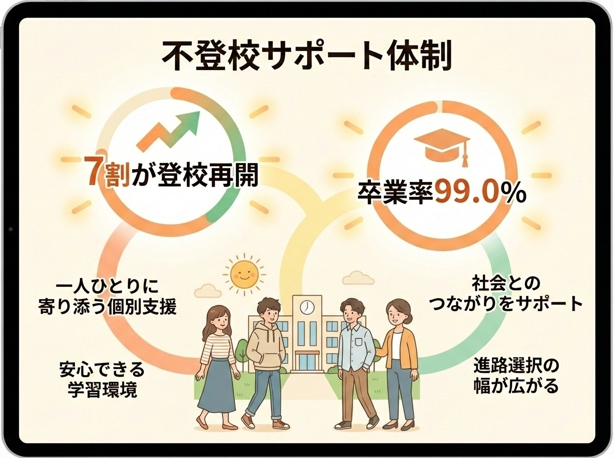 つくば開成学園高等学校の不登校サポート実績：不登校経験者の7割が登校再開、卒業率99.0%を示すインフォグラフィック
