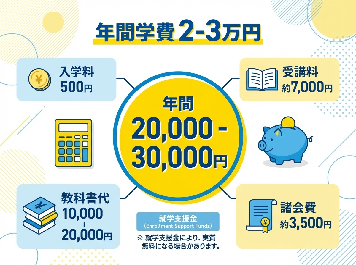 兵庫県立青雲高校の年間学費内訳インフォグラフィック：年間2-3万円（入学料500円、受講料7000円、教科書代1-2万円、諸会費3500円）