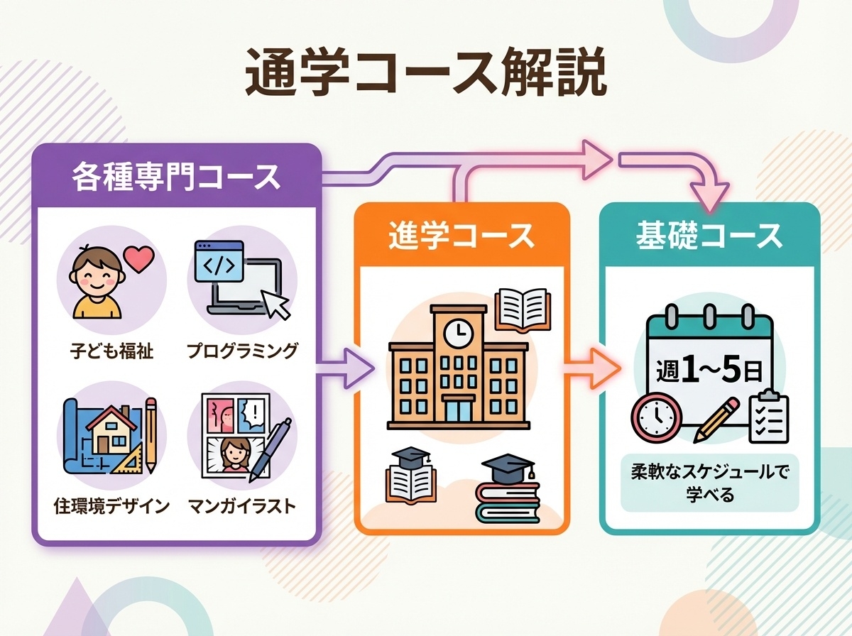 おおぞら高等学院の通学コースを解説するインフォグラフィック。各種専門コース(子ども福祉・プログラミング・住環境デザイン・マンガイラスト)、進学コース、基礎コースの特徴を図示