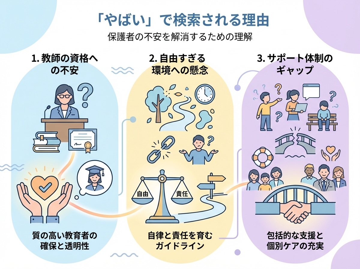 おおぞら高等学院が「やばい」で検索される3つの理由を解説するインフォグラフィック。サポート体制・自由な校風・不登校対応に関する懸念点を図示