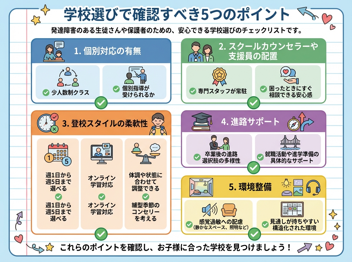 発達障害のある生徒の学校選びで確認すべき5つのポイントをチェックリスト形式で示すインフォグラフィック。実践的ガイダンステーマで構成。5つの主要チェックポイントを異なる色のボックスで縦または格子状に配置