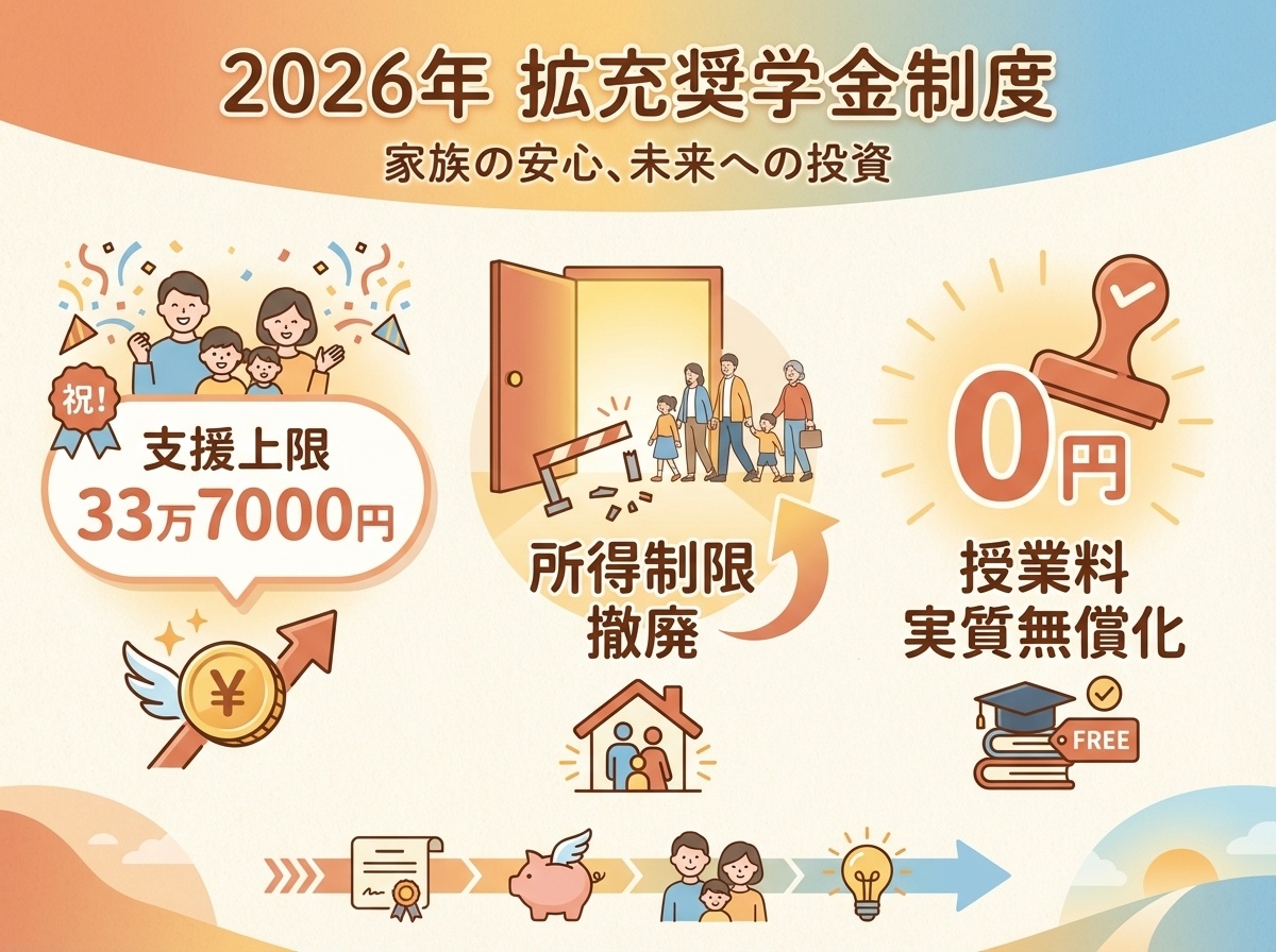 2026年度拡充、支給上限33.7万円、所得制限撤廃で授業料実質無償