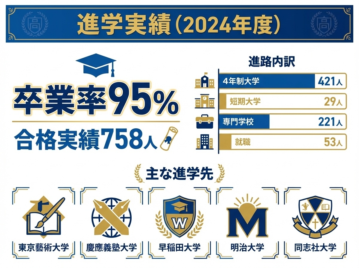 NHK学園高等学校2024年度進学実績インフォグラフィック（卒業率95%・合格実績758人・4年制大学421人・短期大学29人・専門学校221人・就職53人）主要進学先大学名表示