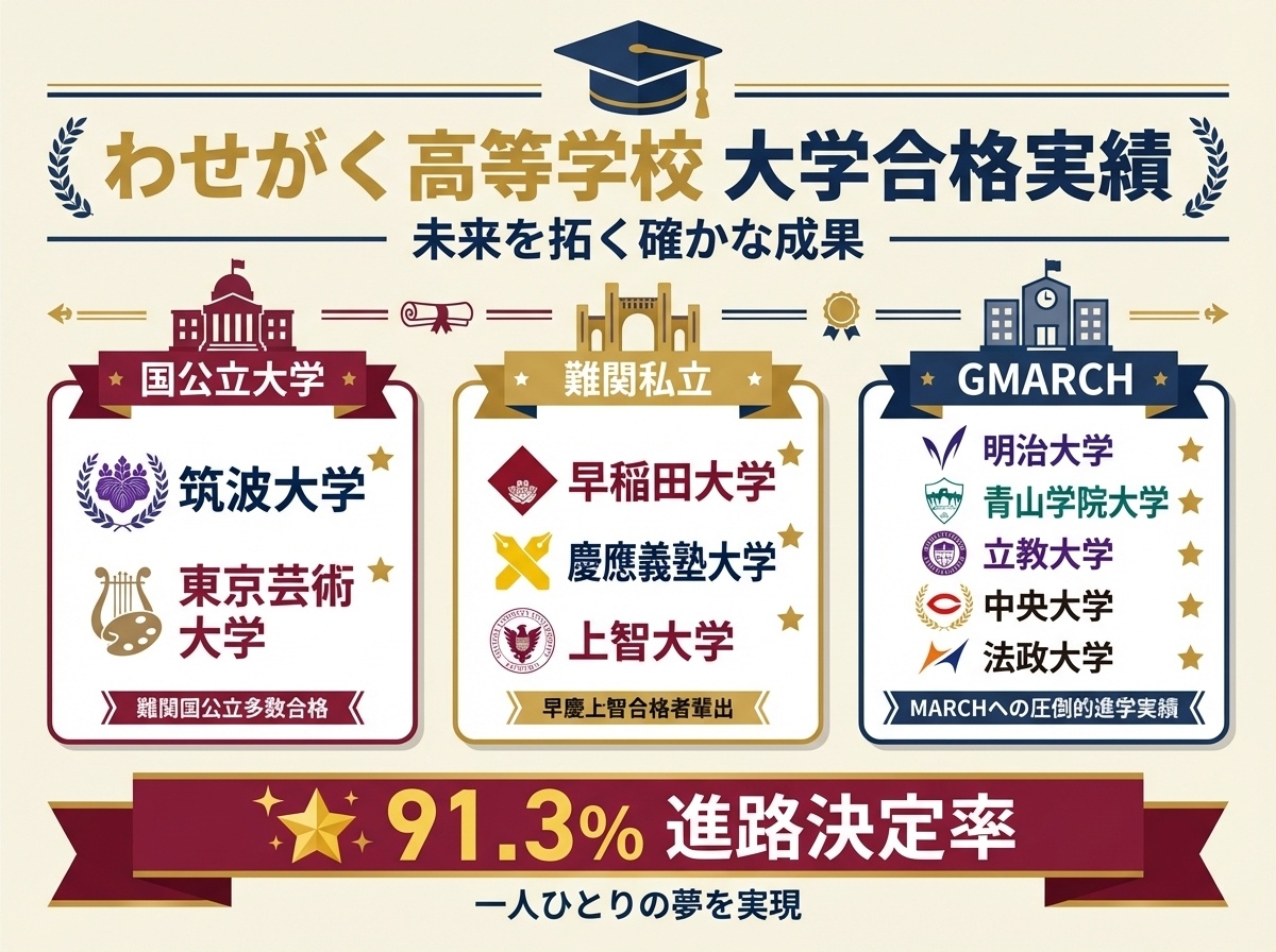 わせがく高等学校の大学進学実績 筑波大学 早稲田大学 慶應義塾大学 上智大学 GMARCH(明治 青山学院 立教 中央 法政) 進路決定率91.3%