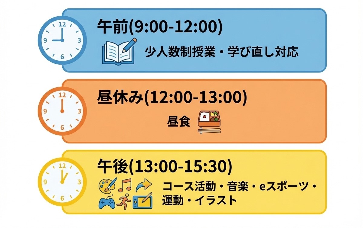 成美学園高等部の1日のスケジュール - 午前9時から12時まで少人数制授業、午後13時から15時30分までコース活動