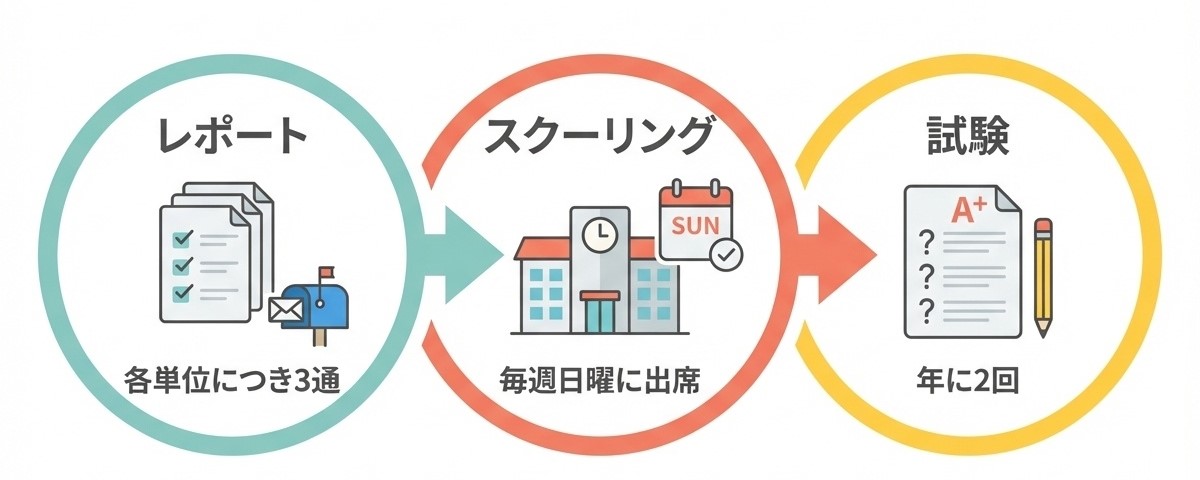 通信制高校の3つの学習方法インフォグラフィック|レポート・スクーリング・試験の流れを図解