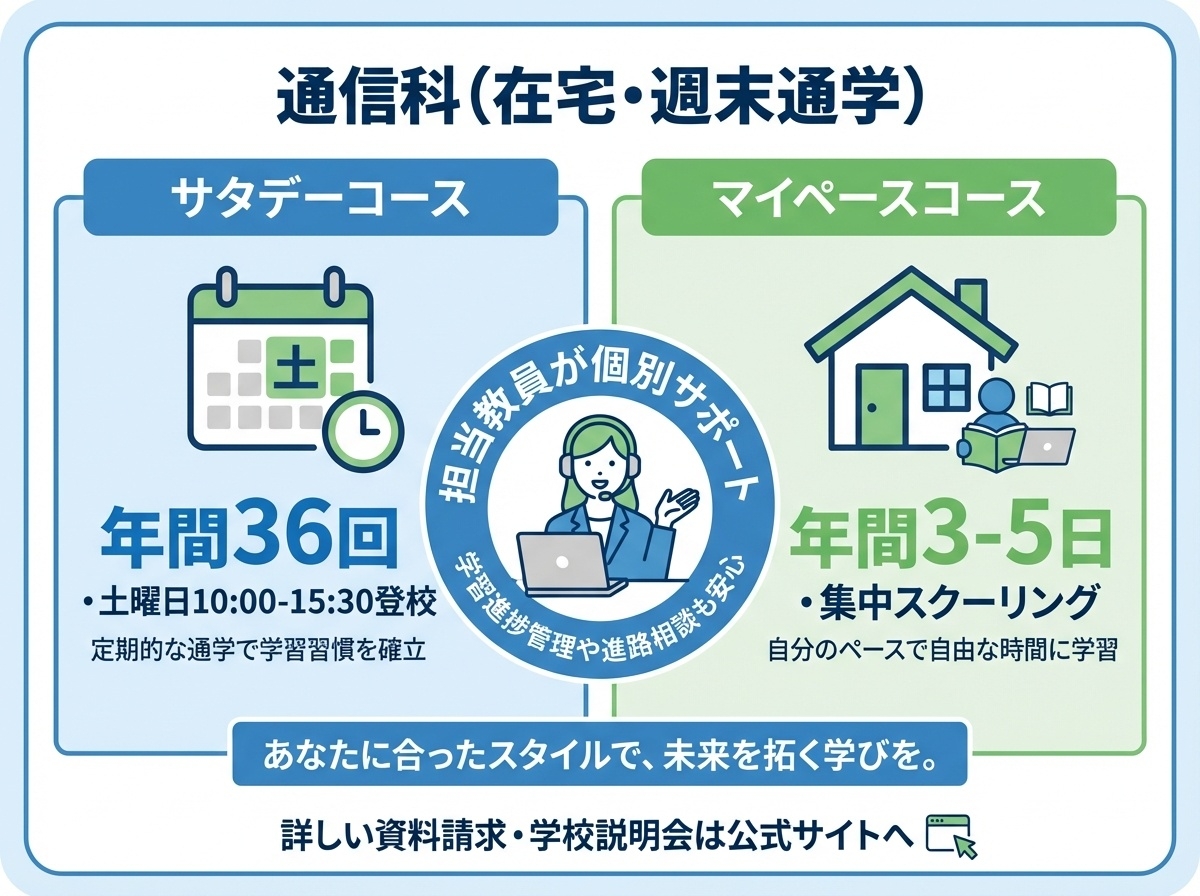 成美学園高等部の通信科詳細 - サタデーコース年間36回とマイペースコース年間3-5日の2つの選択肢