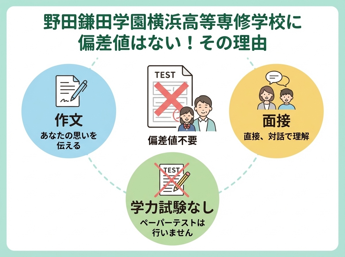 野田鎌田学園横浜高等専修学校の特徴を示すインフォグラフィック。新横浜の立地、2校同時卒業システム、調理・IT専門教育、国家資格取得の4つの特徴をアイコンで表示