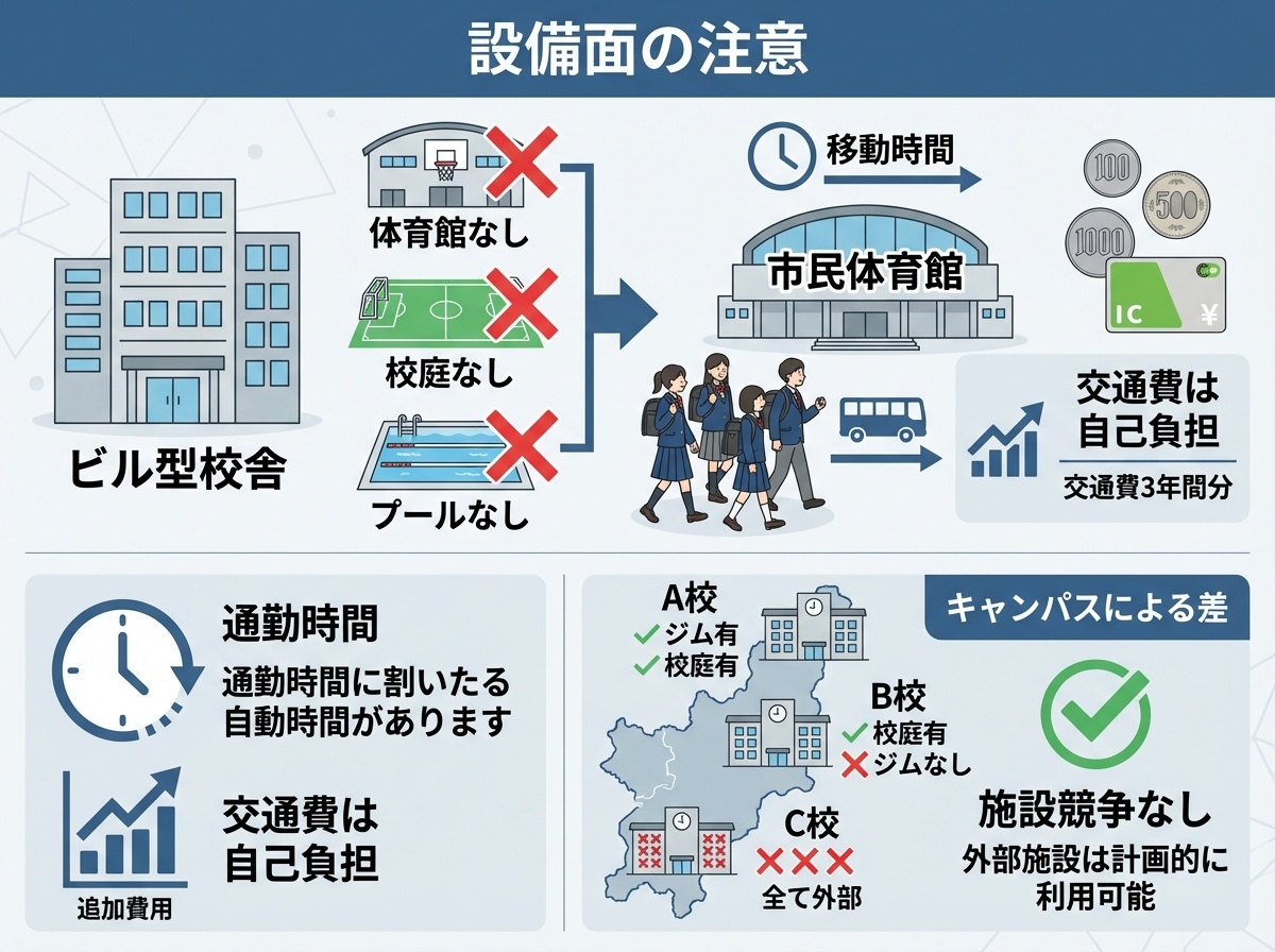 ビル型校舎と体育館なしなど施設の制約を示す情報図解