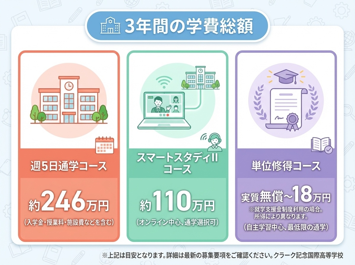 クラーク高校3年間学費総額比較週5日約246万円・スマートⅡ約110万円