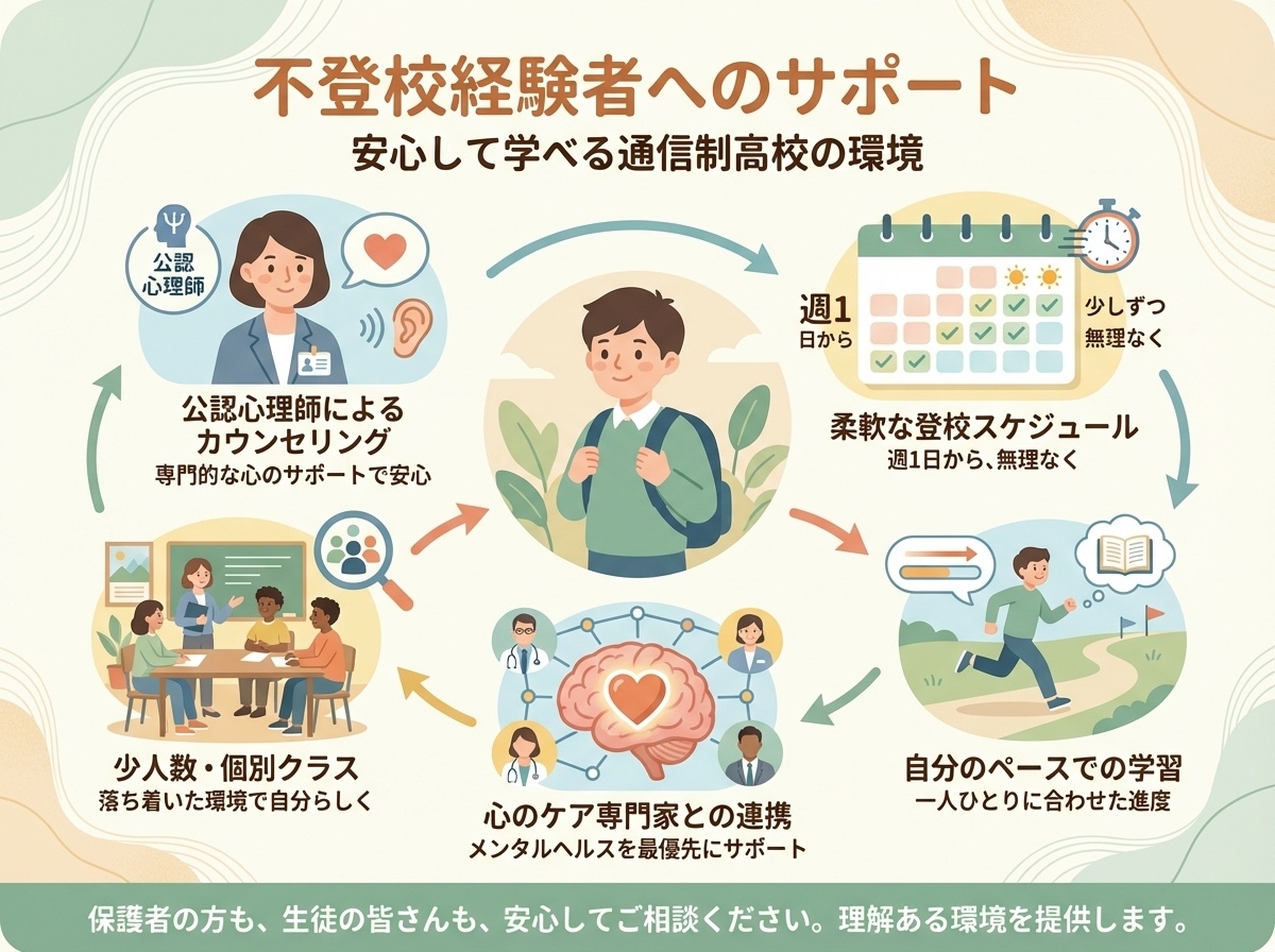 飛鳥未来高等学校の不登校経験者へのサポート体制を示すインフォグラフィック。カウンセリング有資格者の常駐、柔軟な通学スケジュール、少人数制授業、個別ペース学習、心理ケアの5つの支援を図解。