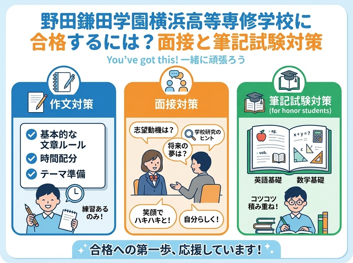 野田鎌田学園横浜高等専修学校の入試対策インフォグラフィック。作文対策、面接対策、筆記試験対策の3つのポイントを示す図