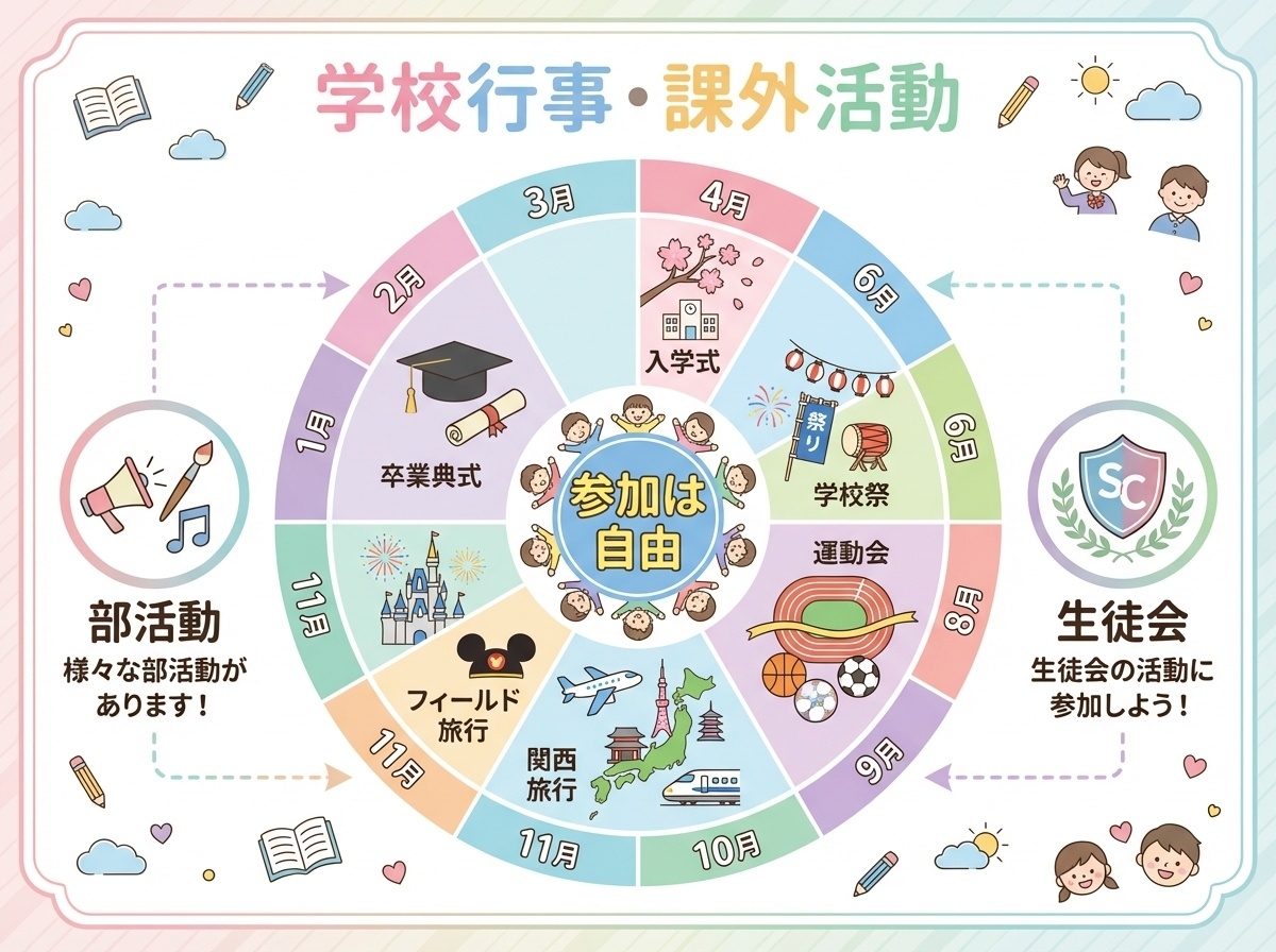 学悠館高等学校の学校行事インフォグラフィック|文化祭・体育祭・修学旅行・遠足など参加自由の年間行事