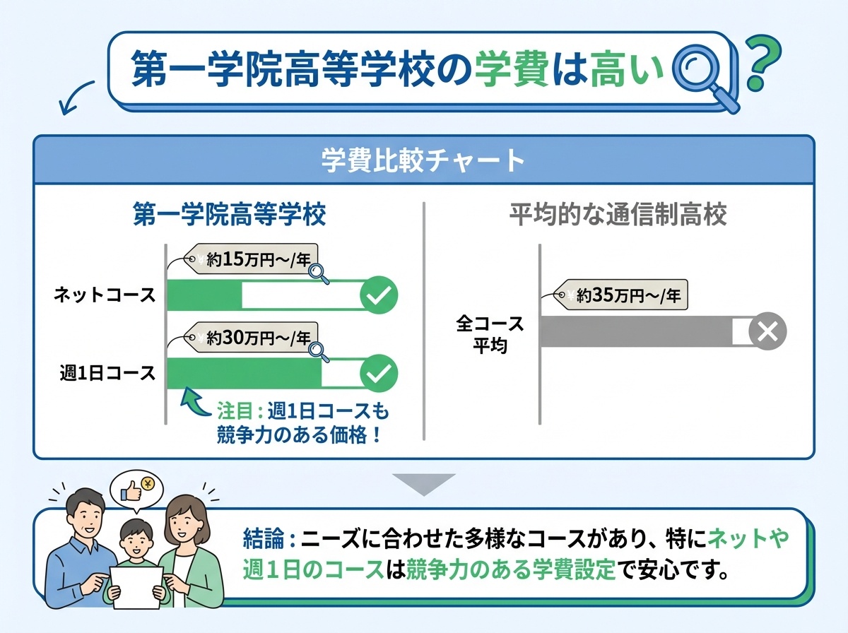 第一学院高等学校の学費は高い?平均的な通信制高校との比較チャート