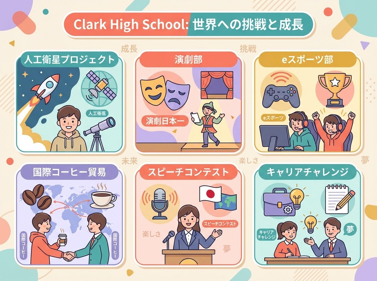 人工衛星・演劇・eスポーツなど課外活動の充実を示す図解