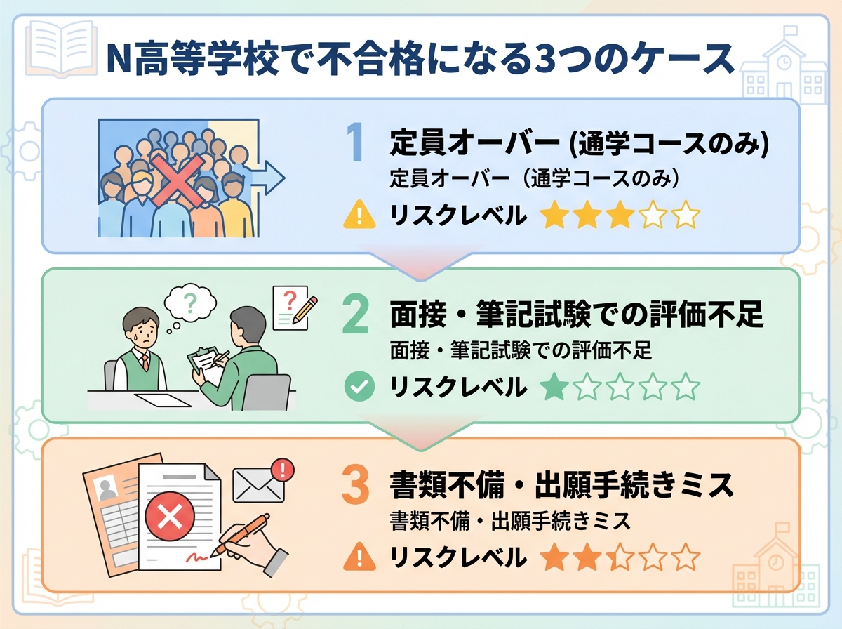N高等学校で不合格になる3つのケース。1.定員オーバー(通学コースのみ・リスク中)、2.面接・筆記試験での評価不足(リスク低)、3.書類不備・出願手続きミス(リスクやや低)。