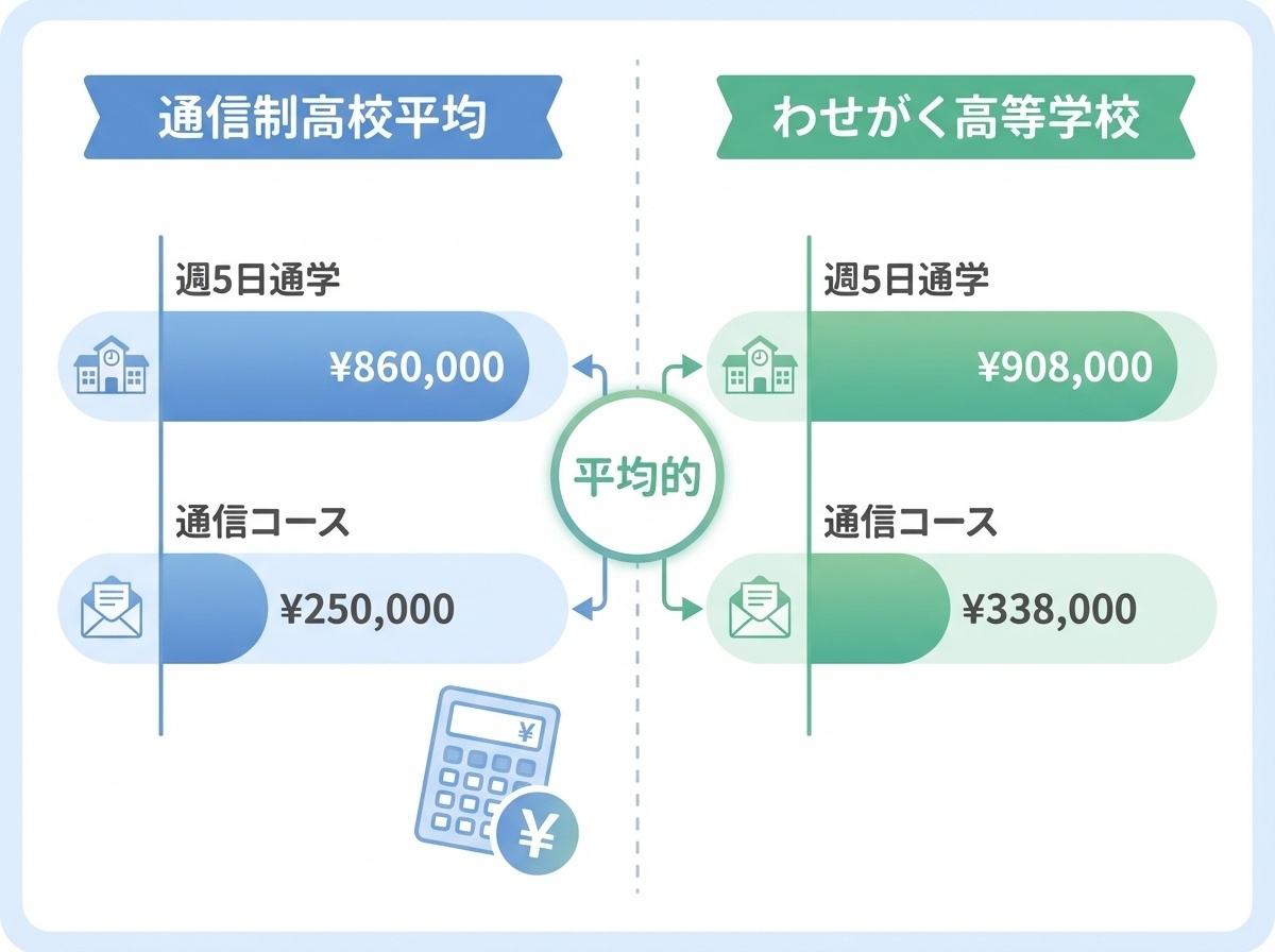 わせがく高等学校の学費比較表 自学型(通信制)338,000円 eキャンパス566,000円 フレックス通学型494,000円 通学型(週2日)596,000円 全日型(週5日)908,000円