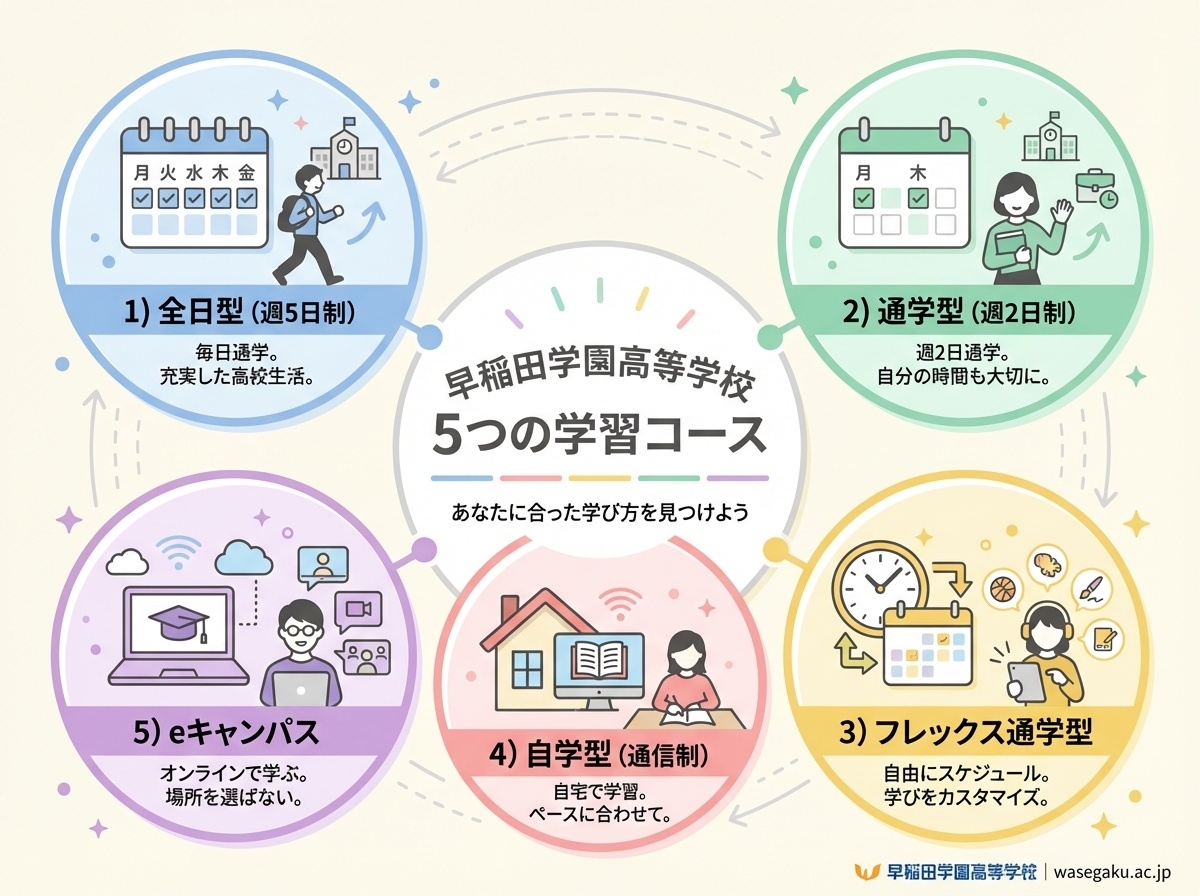 わせがく高等学校の5つの学習コース 全日型(週5日制) 通学型(週2日制) フレックス通学型 自学型(通信制) eキャンパス(オンライン学習)