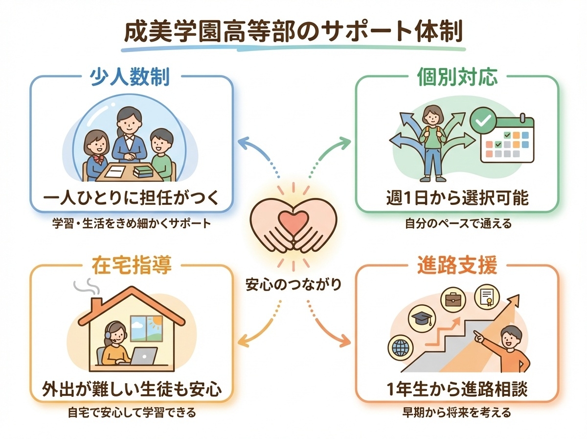 不登校・集団が苦手な生徒へのサポート - 個別指導科、在宅指導コース、通信科の3つの選択肢、入学後のコース変更も可能