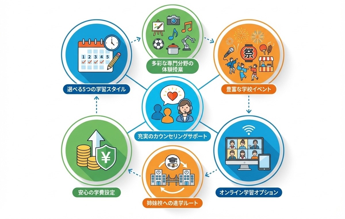 飛鳥未来高等学校の7つの特徴まとめインフォグラフィック。5つの通学スタイル、トライアルレッスン、充実した行事、カウンセリング、学費の安さ、姉妹校連携、オンライン学習を分かりやすく図解。
