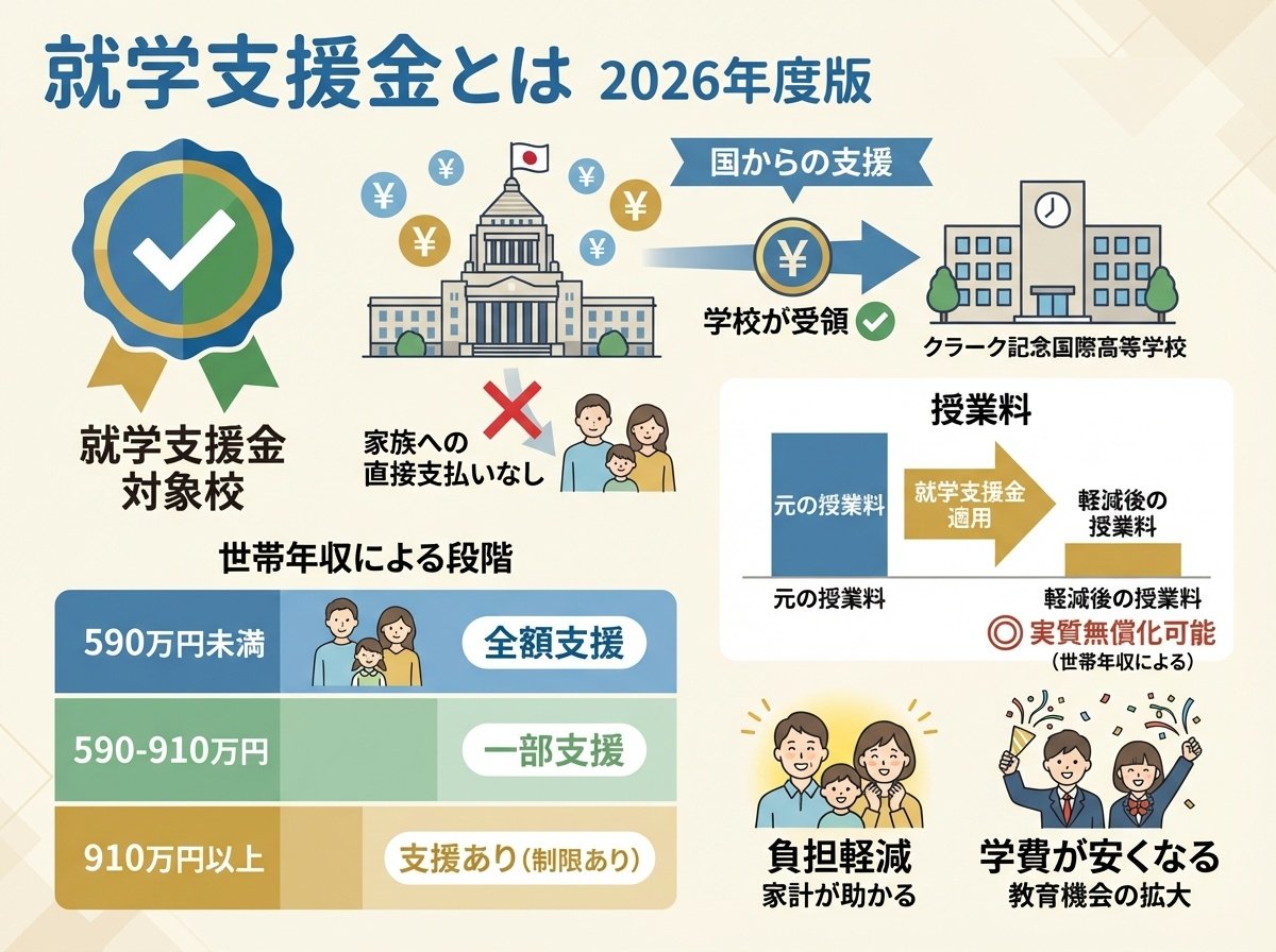 2026年度就学支援金制度の概要と実質無償化を示す図解