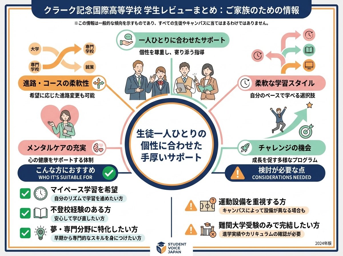 手厚いサポートと柔軟な学習環境をまとめた口コミ総評図解