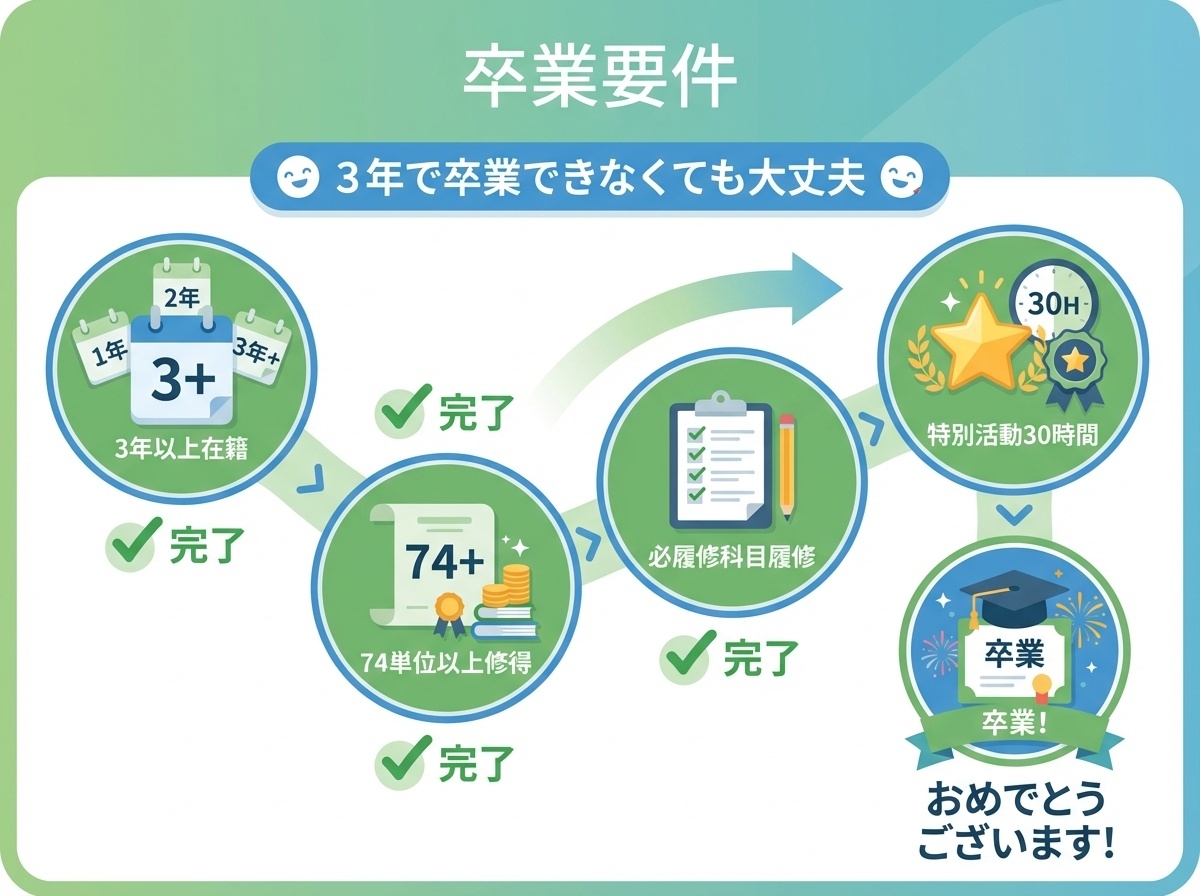 横浜修悠館高等学校の卒業要件 - 3年以上在籍、74単位以上修得、必履修科目履修、特別活動30時間、3年で卒業できなくても大丈夫