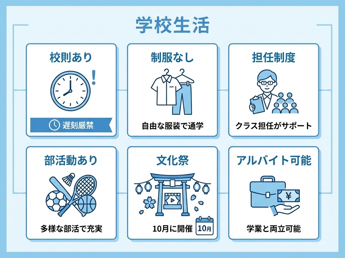 横浜修悠館高等学校の学校生活 - 校則あり(遅刻厳禁)、制服なし、担任制度あり、部活動あり、文化祭開催、アルバイト可能