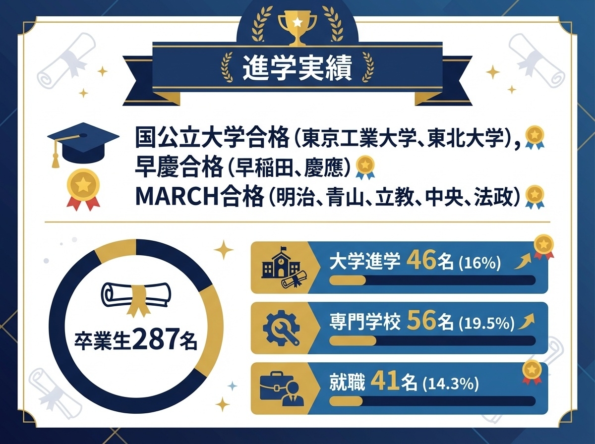 横浜修悠館高等学校の進学実績 - 東京科学大学・早慶・MARCH合格、卒業生287名中、大学進学46名(16%)、専門学校56名(19.5%)、就職41名(14.3%
