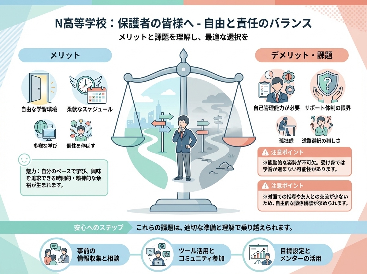 N高等学校のメリット・デメリットを天秤で表現。自由と責任のバランスを視覚化した比較図