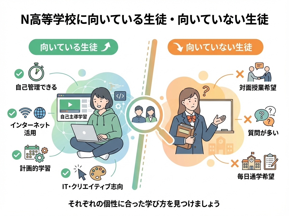 N高等学校に向いている生徒と向いていない生徒の特徴比較インフォグラフィック。自己管理能力、インターネット活用能力、IT・クリエイティブ志向などの適性を視覚化