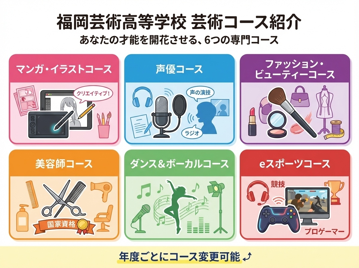 福岡芸術高等学校の6つの専門コース-マンガ・イラスト・声優・ファッション・美容師・ダンス&ボーカル・eスポーツコース一覧