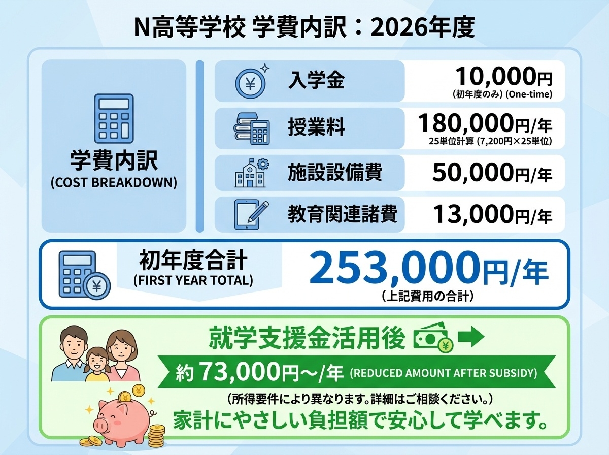 N高等学校の学費内訳と支援金適用後の金額